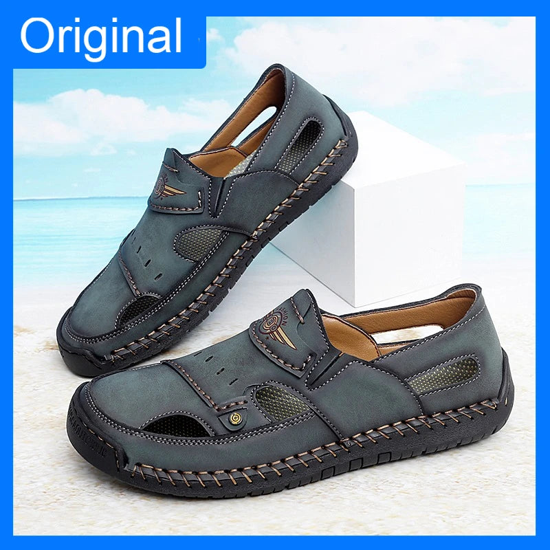 Mens Walking Shoes Summer Breathable Leather Hand Sewn Minimalist Baotou Flat Shoes Soft Elastic Daily Casual Male Sandalia