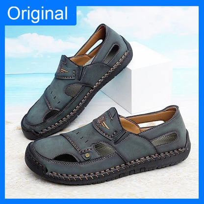 Mens Walking Shoes Summer Breathable Leather Hand Sewn Minimalist Baotou Flat Shoes Soft Elastic Daily Casual Male Sandalia