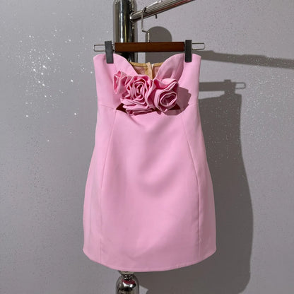 Women's Pink Rose Floral Strapless Party/Bar/Beach Dress – High-Quality Women's Dress on Sale