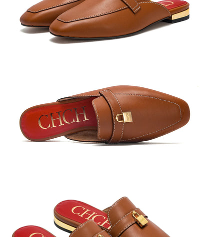 CHCH Women's Muller Shoes 2026 New High Quality Cow Leather Women's Flat Shoes Round Head