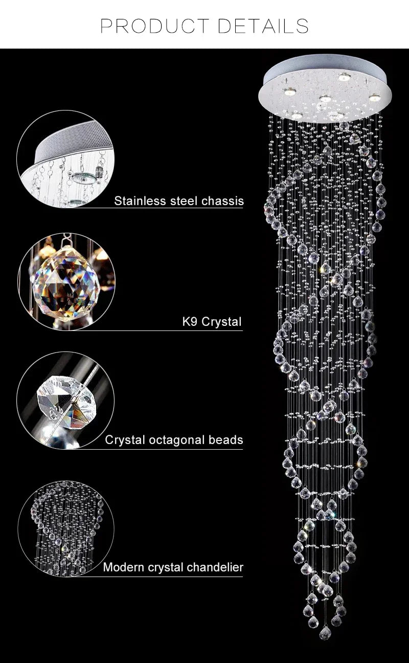 Spiral Crystal LED Ceiling Chandelier Light Bedroom Hall Living Room Suspension Lustre Corridor Staircase Hanging Lamp Fixture