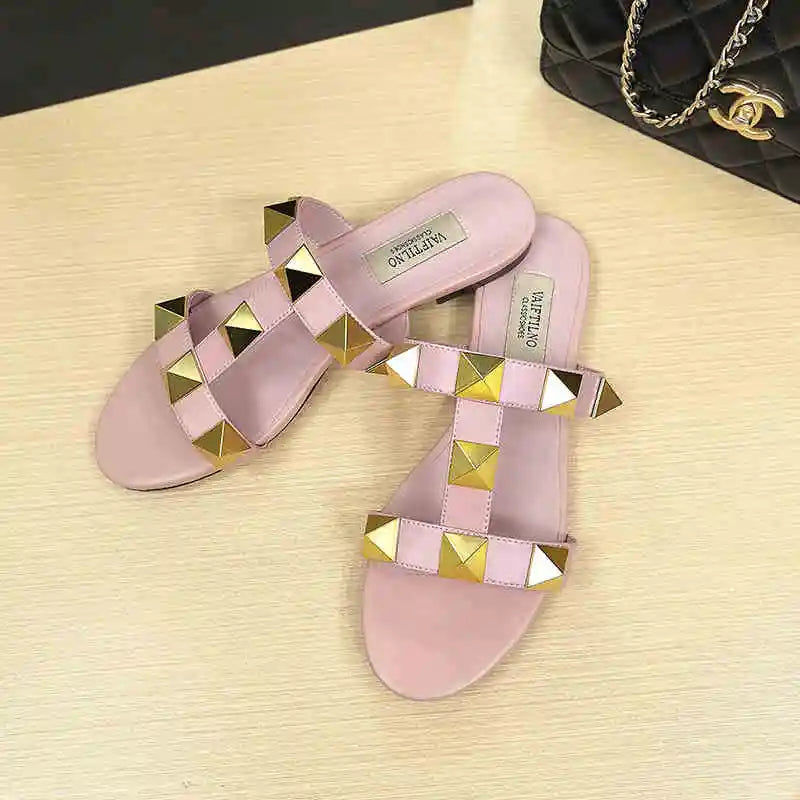 Women's Heels Sandals Gladiator Summer Luxury Brand Designer Rivets Open Toe Slipper Slingbacks Comfortable Ladies Shoes Women