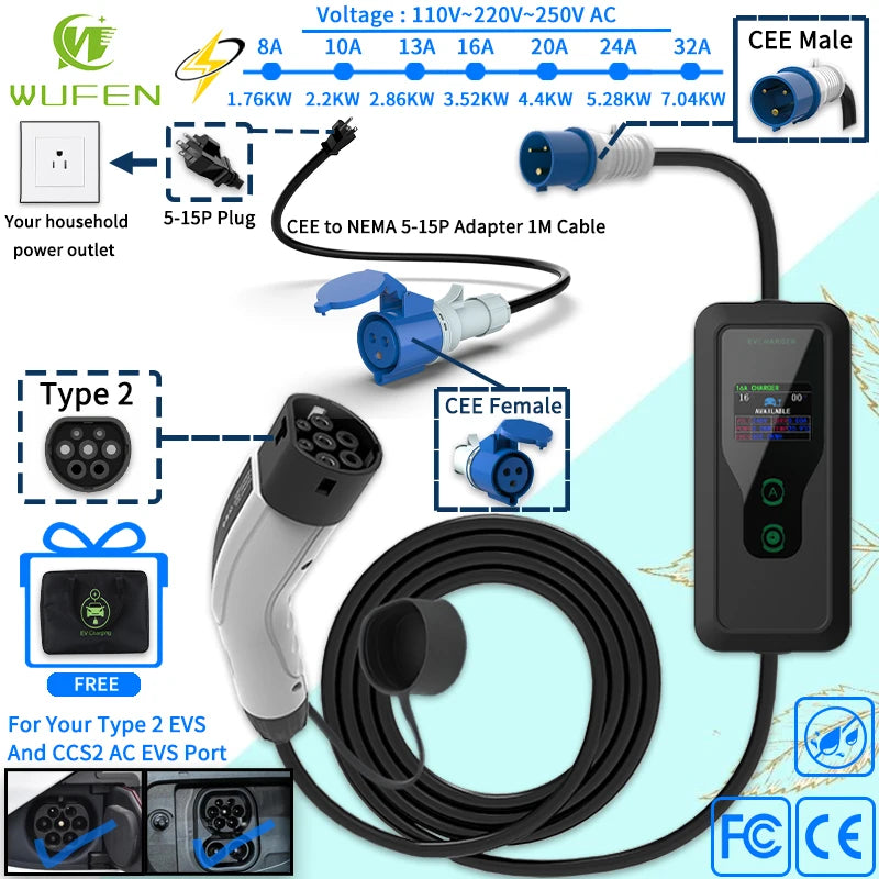 WUFEN Portable Type 2 Charger 110V US NEMA 5-15P Plug Max 3.5kw Type2 EV Charger 16A 1Phase Charging Plug For IEC 62196 Vehicle