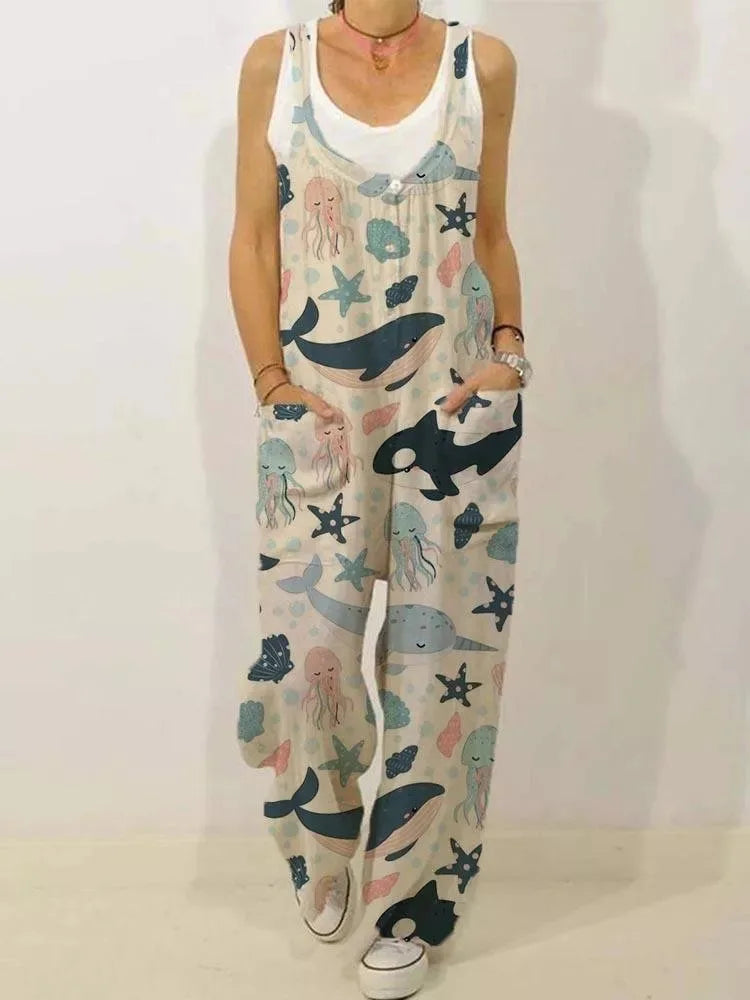 Women's Sleeveless Jumpsuit 2022 Summer Boho Floral Wide Leg Long Pants Rompers Ladies Strap Plus Size Casual Loose Bib Trousers