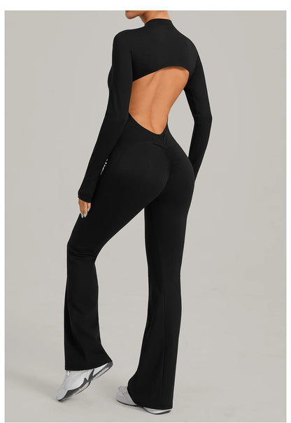 Women Long Sleeve Zip Yoga Bodysuit Cutout Back Scrunch Butt Lift Tummy Control Sweat Wicking Fabric Gym Workout Flare Jumpsuit
