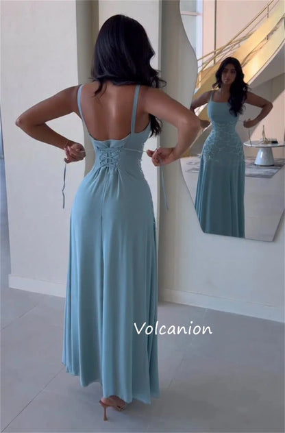 Customized Exquisite Chiffon Pleat Sequined Pattern A-line Square Neck Midi Dresses Bespoke Occasion High Quality