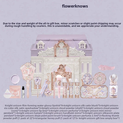 FLOWER KNOWS Knight Unicorn All-in-One Makeup Set Shimmer Eyeshadow,Mirror Lip Gloss Blush,Setting Powder Mirror Cosmetics Kit