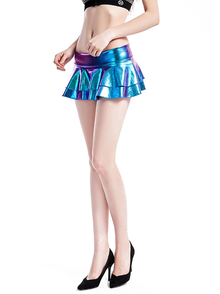 Summer Sexy Mini Skirt for Women High Street Shiny Bodycon Pleated Short Solid Outwear for Party Clubwear