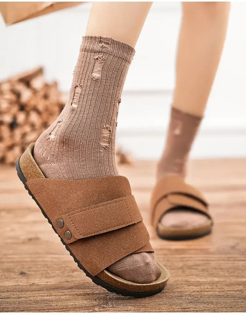 Cork Slippers Men Summer Beach Slides Suede Leather Womens Flat Sandals Fashionable Outdoor Male Mules Non Slip Babouche Femm