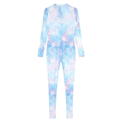 Womens Rash Guard One Piece Swimsuit Mermaid Fish Scale Print Long Sleeve Back Zipper Full Body Tops Sexy Swimwear Jumpsuit