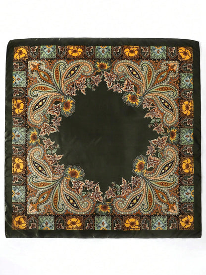 1pc Bohemian Print Faux Silk Satin Scarf Square Hijab New Elegant Floral Women Bandana Shawl Breathable Versatile Scarves
