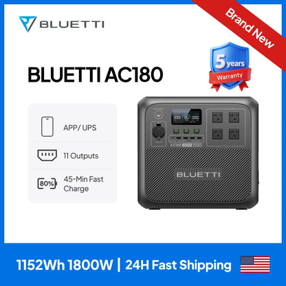 【Brand New Warranty 5 Years】BLUETTI AC180 Solar Portable Power Station 1800W 1152Wh Solar Generator for Camping Off-grid Power