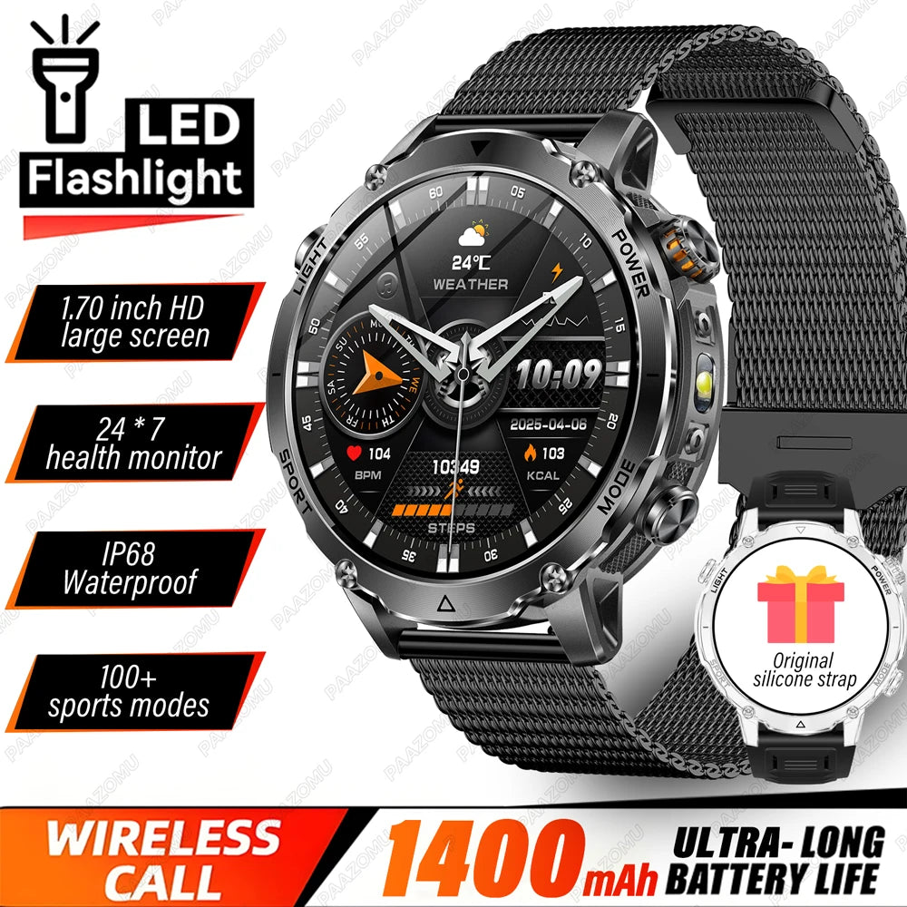 Brand+1400mAh Big Battery Smartwatch Men 1.7" AMOLED 200-Day Standby Swim Diving Waterproof GPS Military Tactical SOS 100 Sports