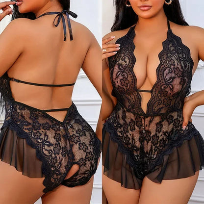 Erotic Crotchless Bodysuit Porn Pajamas 3XL Plus Size Sexy Lace Curve Women's Lingerie Exotic Transparent Open Backless Costumes