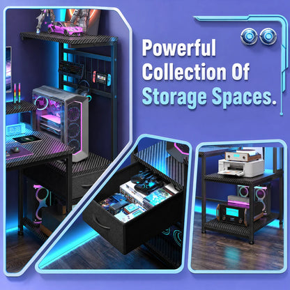 Computer Desk With Drawer, Office Desk With Printer Storage Shelves & File Cabinet, Gaming Desk With LED & Power Outlet, Study Table With Monitor Shelf For Home Office Dorm BedRoom Rustic Brown