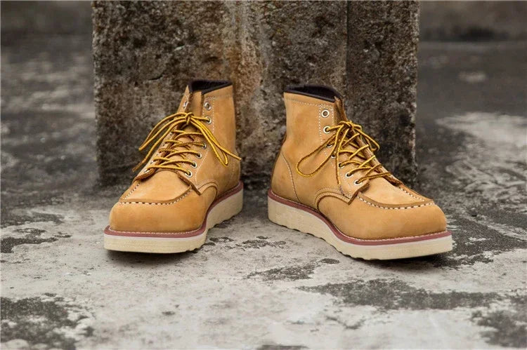 Men's Goodyear-Welted Vintage Genuine Leather Mid-calf Motorcycle Boots Round toe Casual Punk Dress Boots Work Shoes Western Red