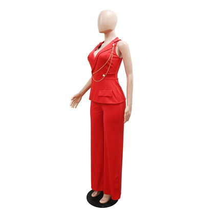 CMYAYA Elegant Womenv-neck High Waist Straight Sleeveless Blazer Jumpsuits 2024 Fall Street Chain Office Lady Party Rompers