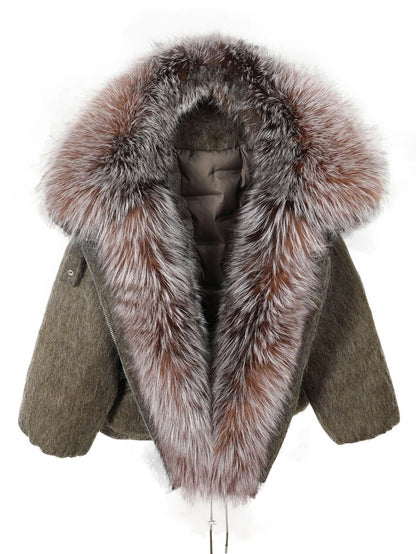 Maomaokong high-end Wool fabric Luxury Women's Big Fox Fur Collar Puffer Jacket Natural Fur down Coat Winter Thickened Warm