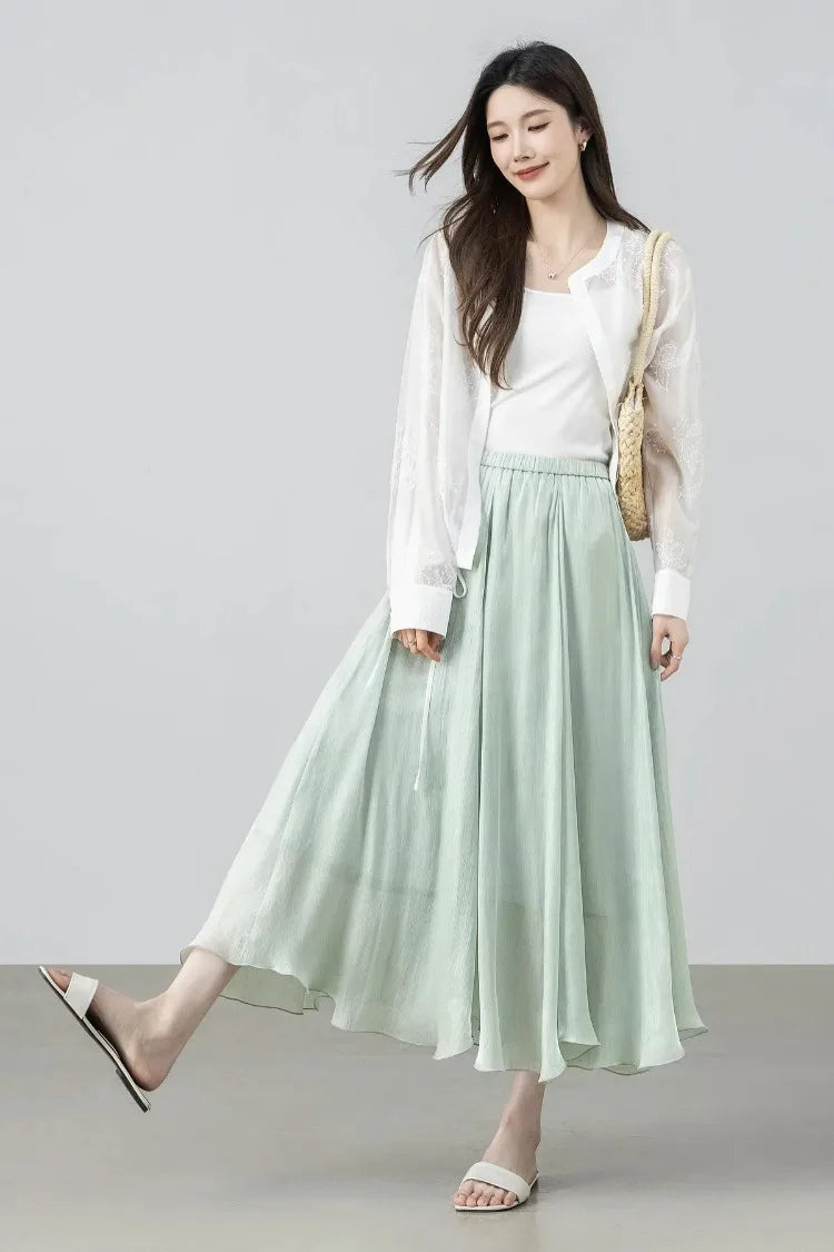 SENTUBILA Women's Summer Skirt 2026 Elegant Elastic Waist Sheen Flowy A Line Long Skirt for Woman Ladies Clothes 162QG4909