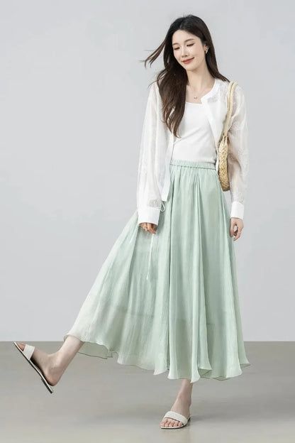 SENTUBILA Women's Summer Skirt 2026 Elegant Elastic Waist Sheen Flowy A Line Long Skirt for Woman Ladies Clothes 162QG4909