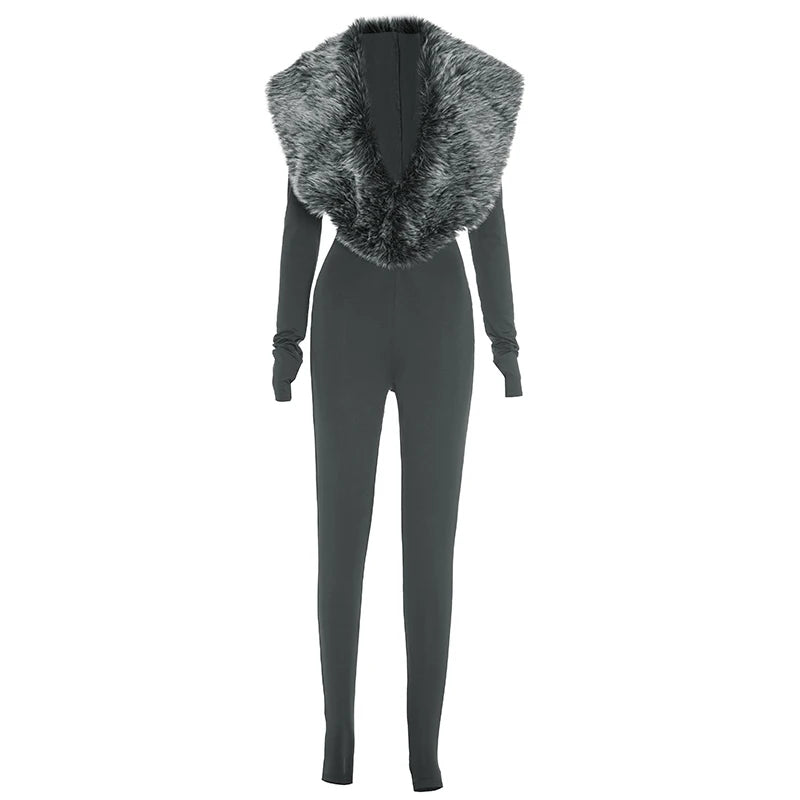 Weird Puss Furry Deep V-Neck Jumpsuits Woman Hipster Patchwork Trend Sexy Stretch Fitness Club Activity Luxury Midnight Overalls