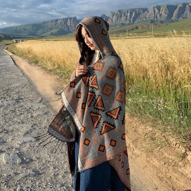 GypsyLady Bohemian Vintage Chic Cloaks Capes Hooded Blue Women Autumn Warm Knitted Ethnic Capes Tassels Cloak Poncho Outwear New