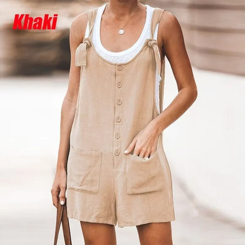 Summer Women's Solid Color Patch Pocket Tied Cotton Linen Suspender Pants Casual Classic Style High Waist Wide Leg