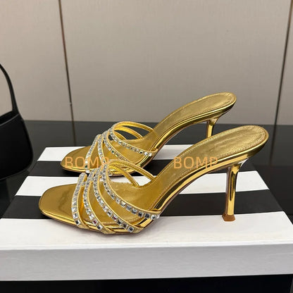 Fashionable Satin Pointed Toe Crystal High Heel Slippers Diamond Stiletto Sandals Luxury Sexy Design for Party Wedding Occasions