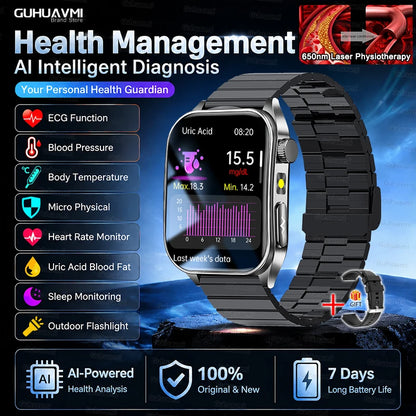 2026 New Non-Invasive Laser Treatment Three High Smart Watch Man ECG Heart Test Blood Fat Uric Acid Smart Watch For Android IOS
