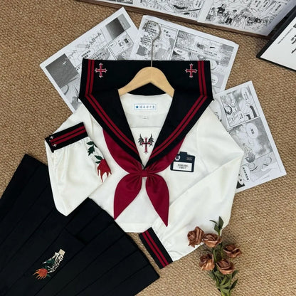 Dark Japanese Bad JK Uniform Long-sleeved Girl Orthodox Sailor Suit Role Play Handsome Long Skirt School Uniform Embroidery