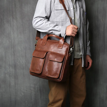 NZPJ New Retro Leather Men's Handbag Top Layer Cowhide Vertical Single Shoulder Messenger Bag Postman Briefcase Computer Bag