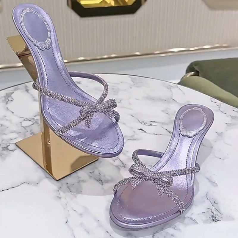 CRYSTAL Bowknot Decorated Kitten Heel Slippers for Women Sexy Round Toe Summer Luxury Sandals Elegant Party Designer Dress Shoes