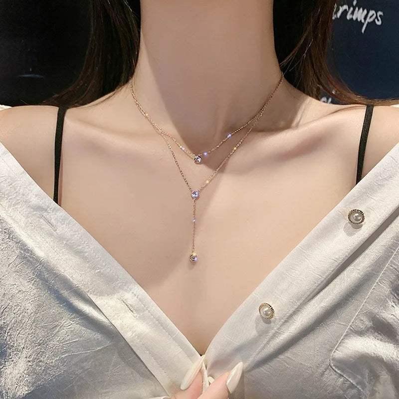 18k Gold Layered Stainless Steel Lariat Long Choker Statement Diamond Heart Pendant Necklaces for Womoen Body Chain Jewelry