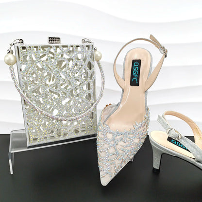 Luxury African Nigerian Bride Party Shoes Sky Blue All Rhinestone Pointed Heels Matching Shoe Bag Set