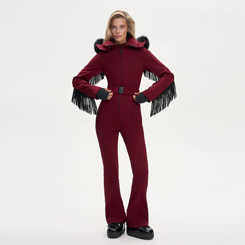 Thicken One-piece Ski Suit Women Faux Fur Hooded Tassels Coat High Waist Belt Jumpsuit 2025 Winter Windproof Waterproof Skiwears