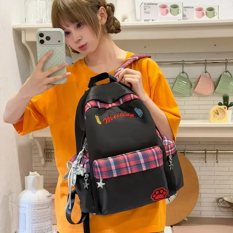 Preppy Style Blue Backpack for Girls, Plaid Spliced School Bag, Cute Nylon Daypack Star Pendant, Large Capacity Student Rucksack