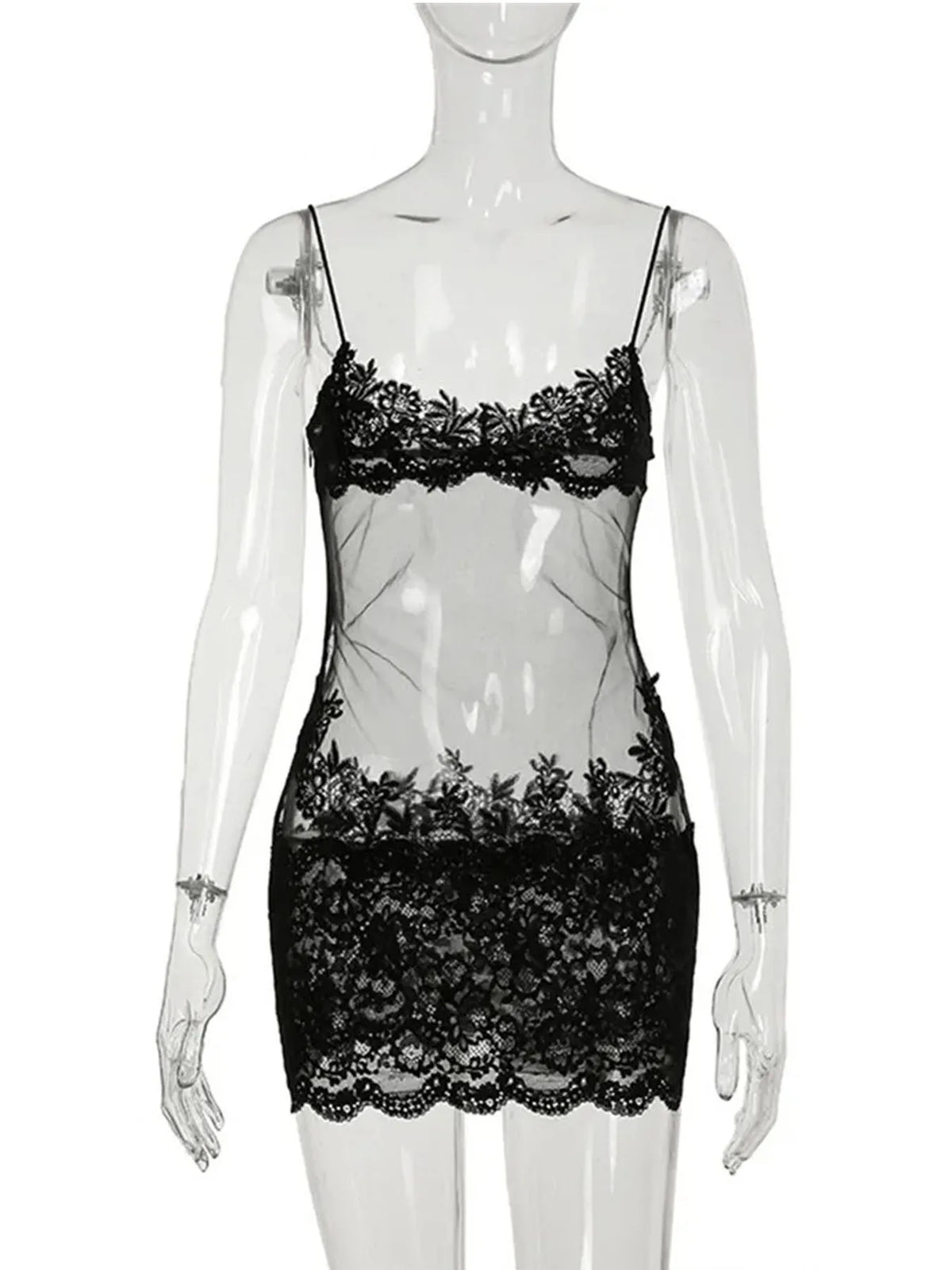 Lace Transparent Mini Dress Sexy Women Wrapping Spaghetti Embroidery Flower Sheath Nightwear Club Mesh Wave Fantacy