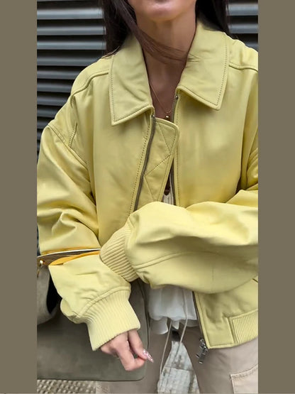 Faux Leather Bomber Jacket Oversized Collared Long Sleeve 2026 Spring Edgy Women Faux Leather Coat Fashion  Bold Lady Outerwear