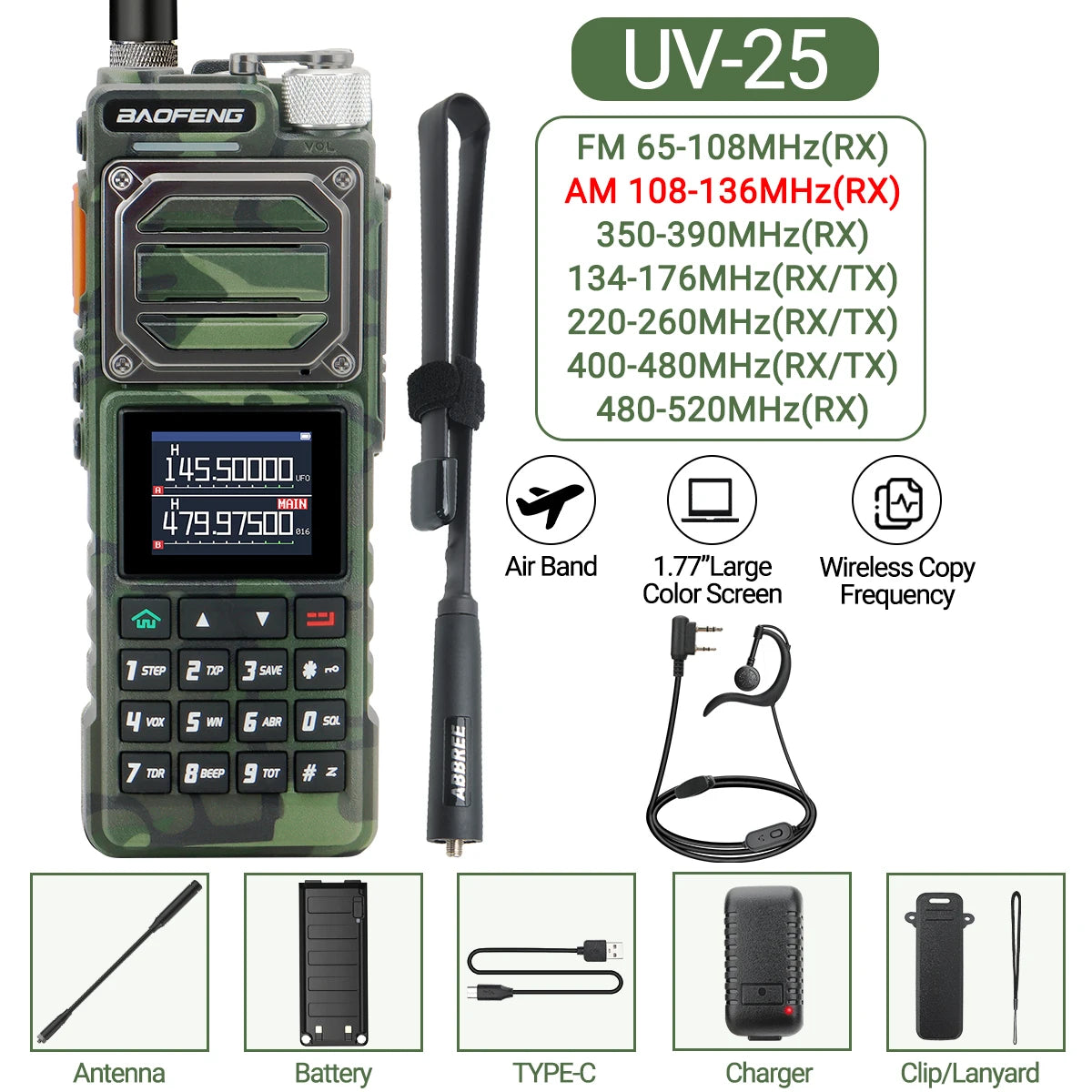 Baofeng UV-25 Walkie Talkie Wireless Copy Frequency Multi Band UHF VHF Air Band 999CH NOAA Type-C Charger AM Ham Two Way Radio