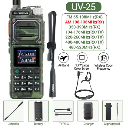 Baofeng UV-25 Walkie Talkie Wireless Copy Frequency Multi Band UHF VHF Air Band 999CH NOAA Type-C Charger AM Ham Two Way Radio
