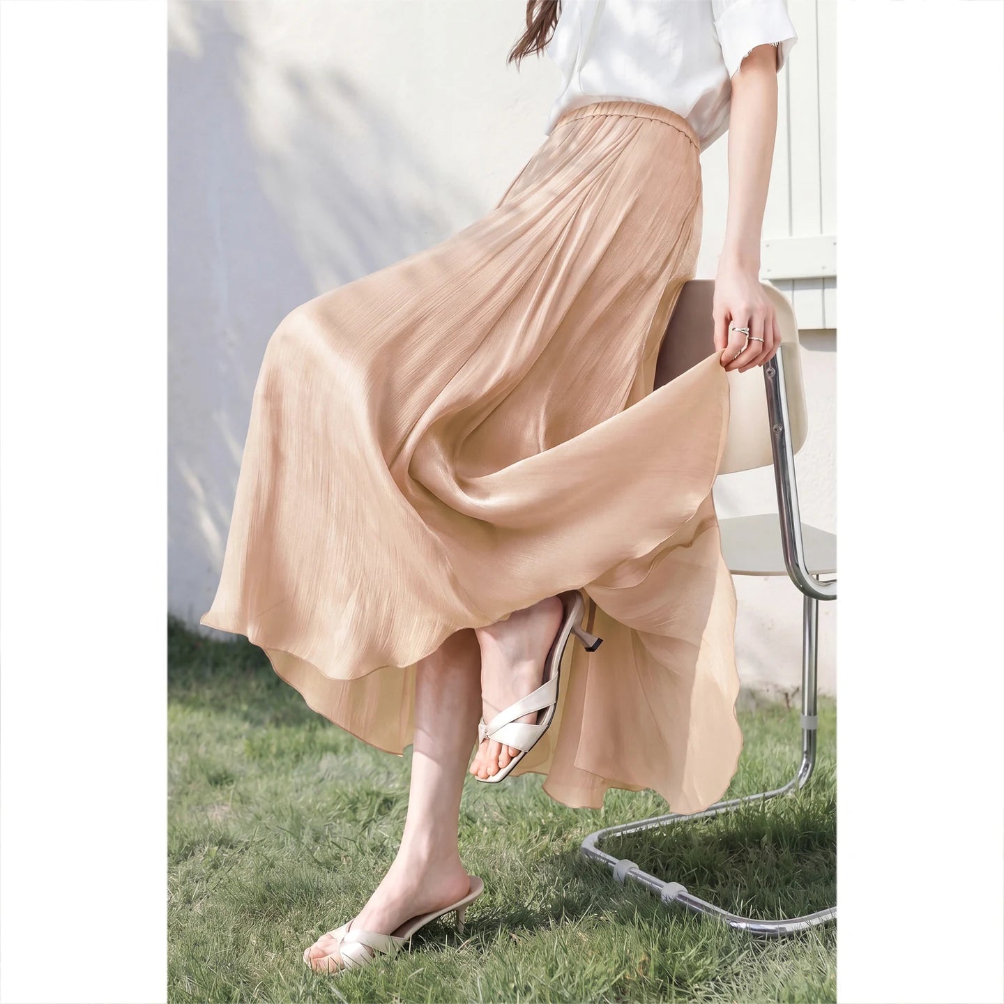 SENTUBILA Women's Summer Skirt 2026 Elegant Elastic Waist Sheen Flowy A Line Long Skirt for Woman Ladies Clothes 162QG4909