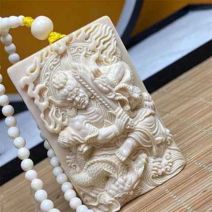 Natural Mammoth Ivory Fudo Myoo Pendant Hand Carved Buddhist Protection Amulet Wisdom King Deity Necklace Jewelry Fossilized