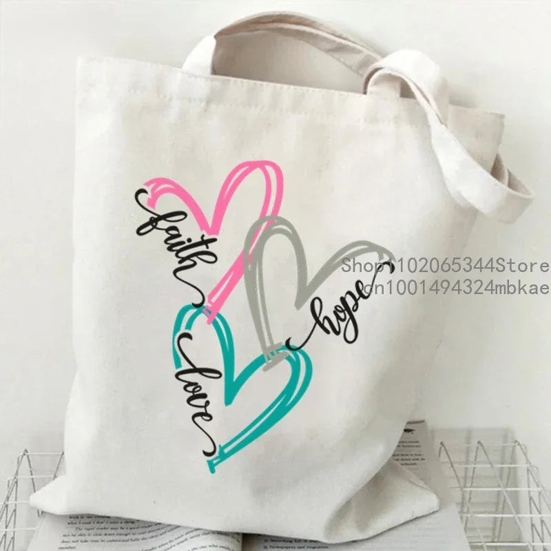 Faith Printed Heart Graphics Women Canvas Shoulder Tote Bag Casual Fashion Shopping Cases Bag Storage Handbag Christian Gifts