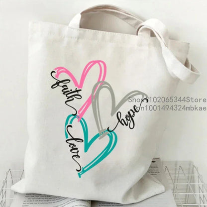 Faith Printed Heart Graphics Women Canvas Shoulder Tote Bag Casual Fashion Shopping Cases Bag Storage Handbag Christian Gifts