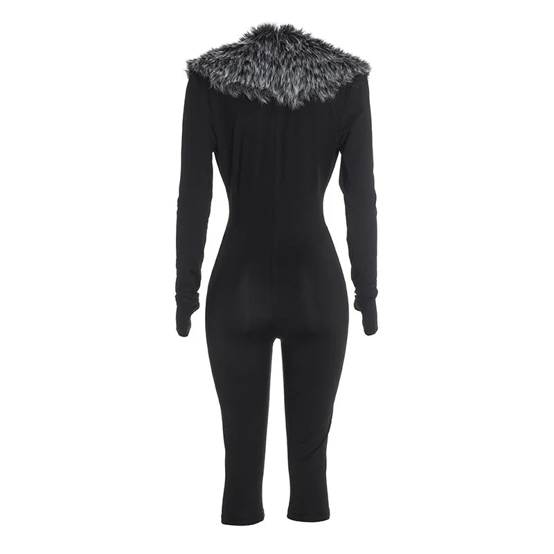 FAGADOER Women Bodycon One Piece Jumpsuit Faux Fur Patchwork Trim Deep V Long Sleeve Stretch Slim Fit Sexy Streetwear Outfit New