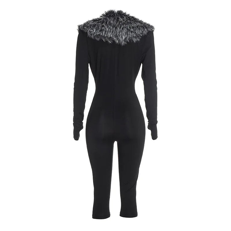 FAGADOER Women Bodycon One Piece Jumpsuit Faux Fur Patchwork Trim Deep V Long Sleeve Stretch Slim Fit Sexy Streetwear Outfit New