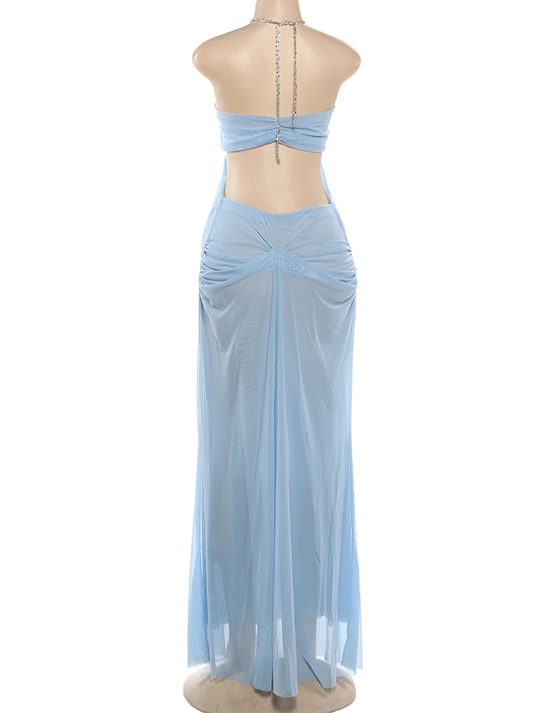 Nibber Prom Party Gown Dress Woman Sexy See Through Luxury Chain Halter Low-Neck Backless Sleeveless Midnight Elegant Vestidos