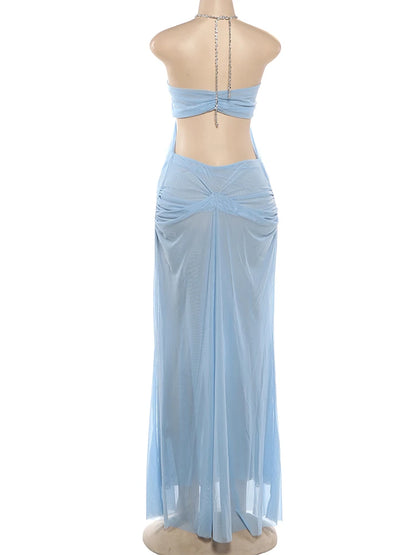 Nibber Prom Party Gown Dress Woman Sexy See Through Luxury Chain Halter Low-Neck Backless Sleeveless Midnight Elegant Vestidos