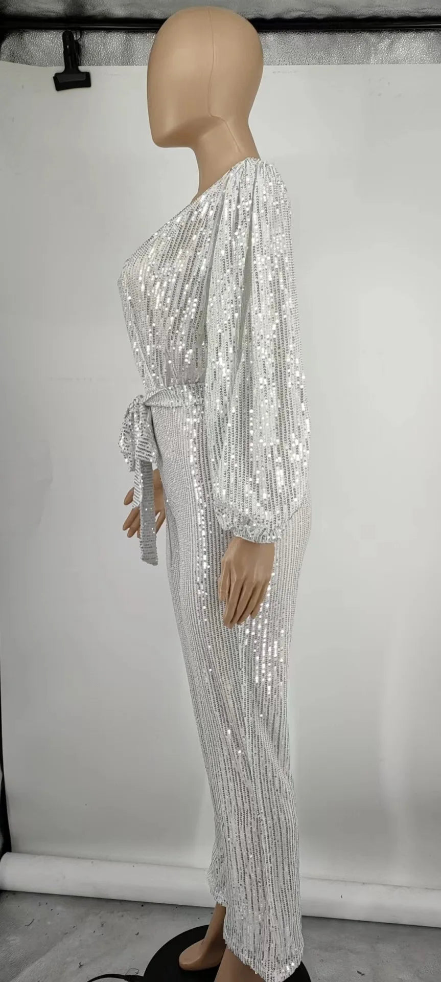 2026 Women's Elegant Sequined Jumpsuit Spring Summer Ladies Bling Bling V-neck High Waist Rompers Overalls with Lantern Sleeve