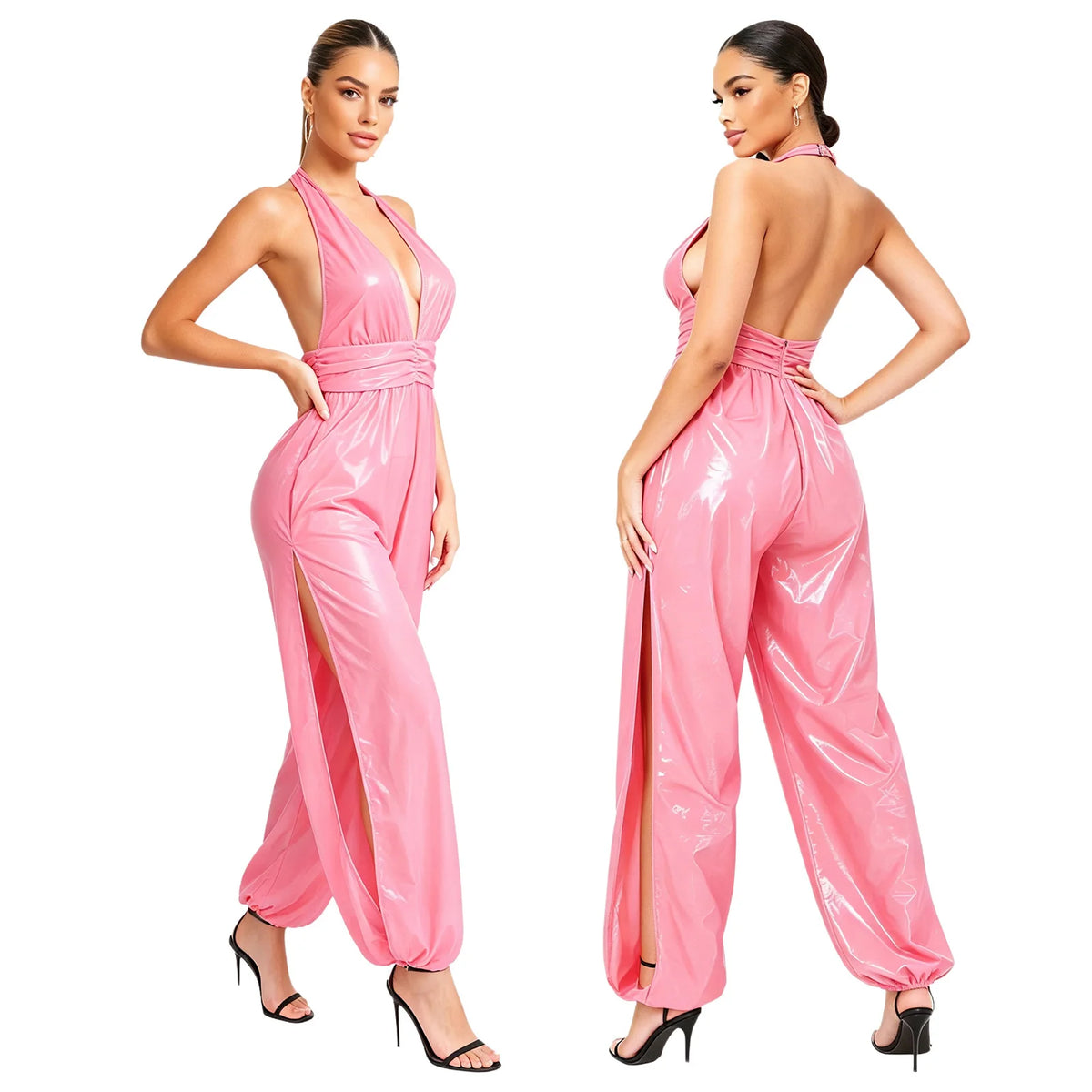 Womens Ruched Waist Back Invisible Zipper Side Split Bodysuit Glossy Water Resistant Rompers Halter Backless Jumpsuit Clubwear